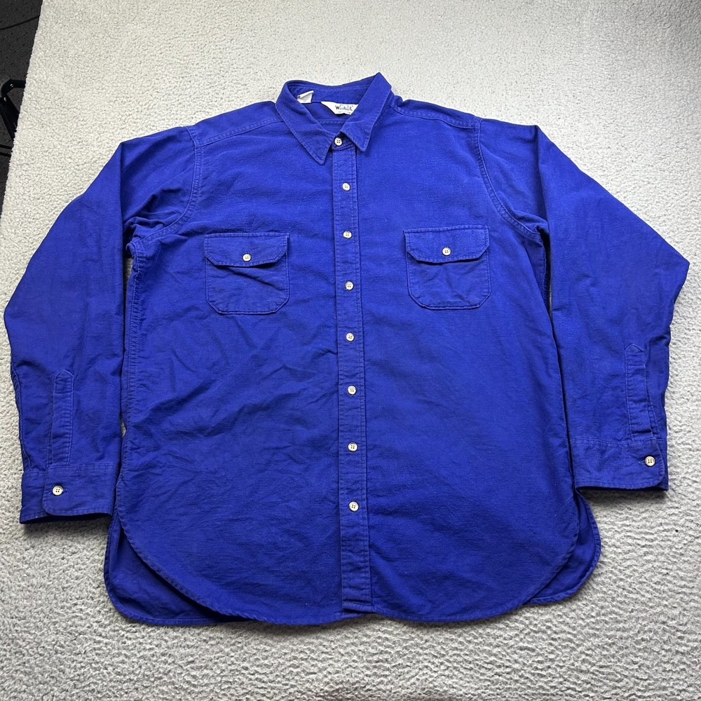 Vintage Woolrich Shirt Men's 2XL Long Blue Chamois Button Up Made in USA
